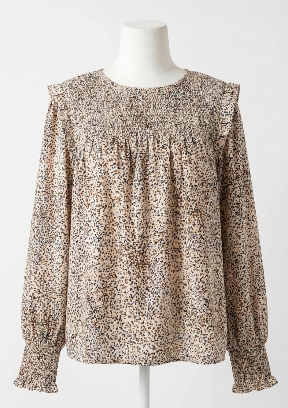 NEW KORI ruffle sleeve smock blouse in taupe combo